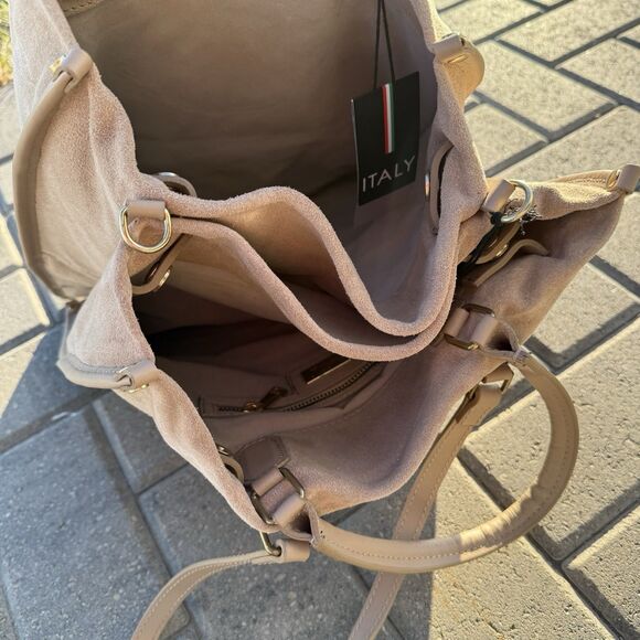 NWT Viola Castellani Suede Tote Crossbody Shoulder Bag Beige Cappuccino ITALY - Picture 3 of 10